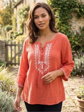 APNY Boho Embroidered Blouse, Women’s Size S, Coral